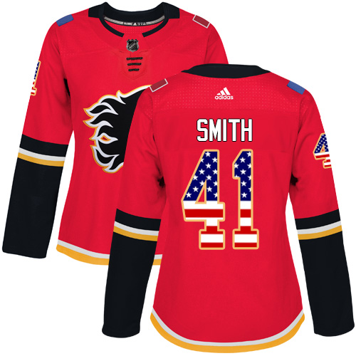 Adidas Flames #41 Mike Smith Red Home Authentic USA Flag Women's Stitched NHL Jersey